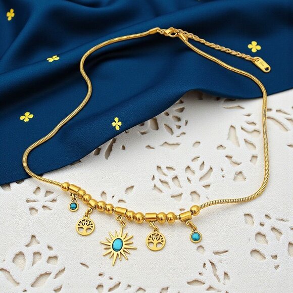 π18K Gold Plated Stainless Steel Turquoise Necklace Sun Tree Of Life Charms - Picture 8 of 12